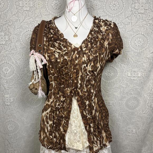 y2k silk office siren cheetah print blouse with ruffles - Picture 3 of 6